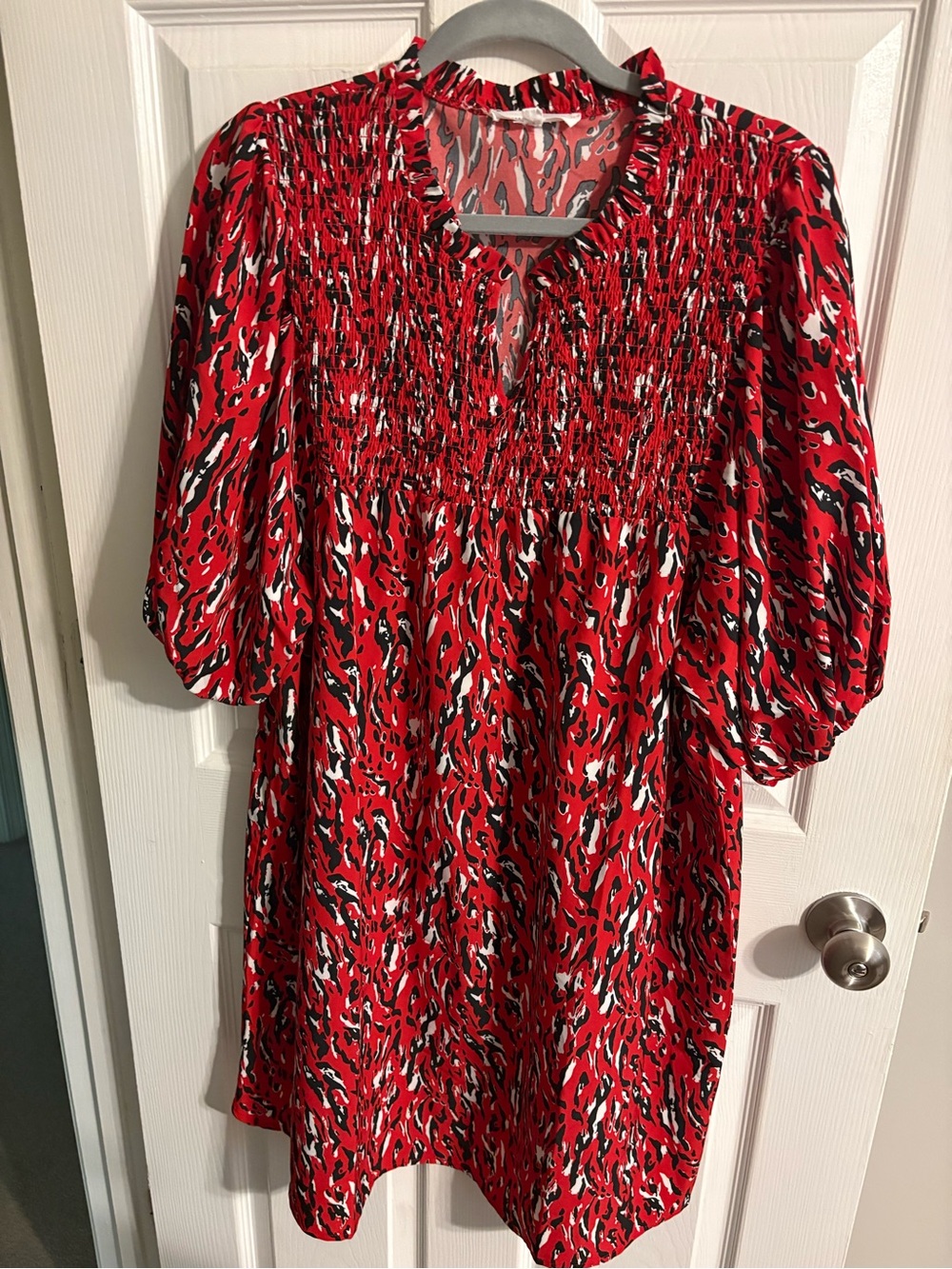 Red Animal-Print Smocked Women's Dress